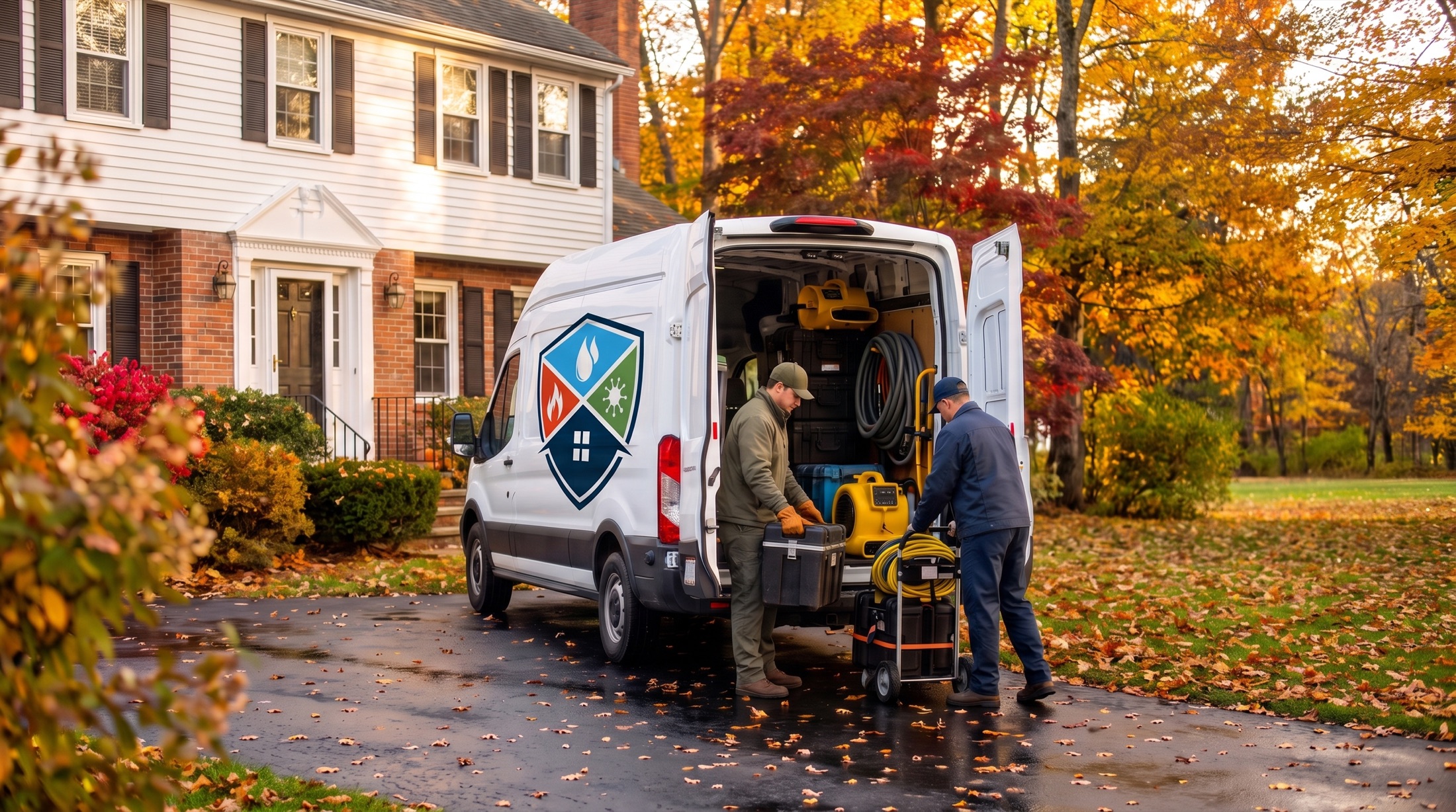 A Peniel Environmental crew arriving in a company van and unloading gear at a New England home