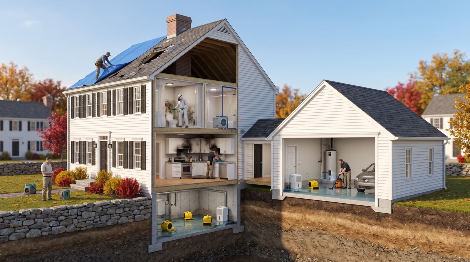 Cutaway cross-section of a New England colonial home mid-restoration — roof storm damage, mold remediation, fire and smoke cleanup, water damage drying, and a technician assessing outside