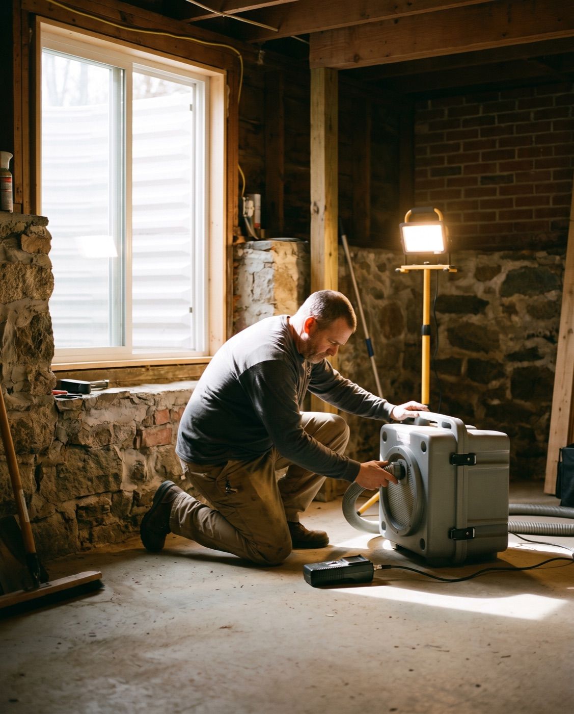 A HEPA air scrubber and moisture meter set up in a basement