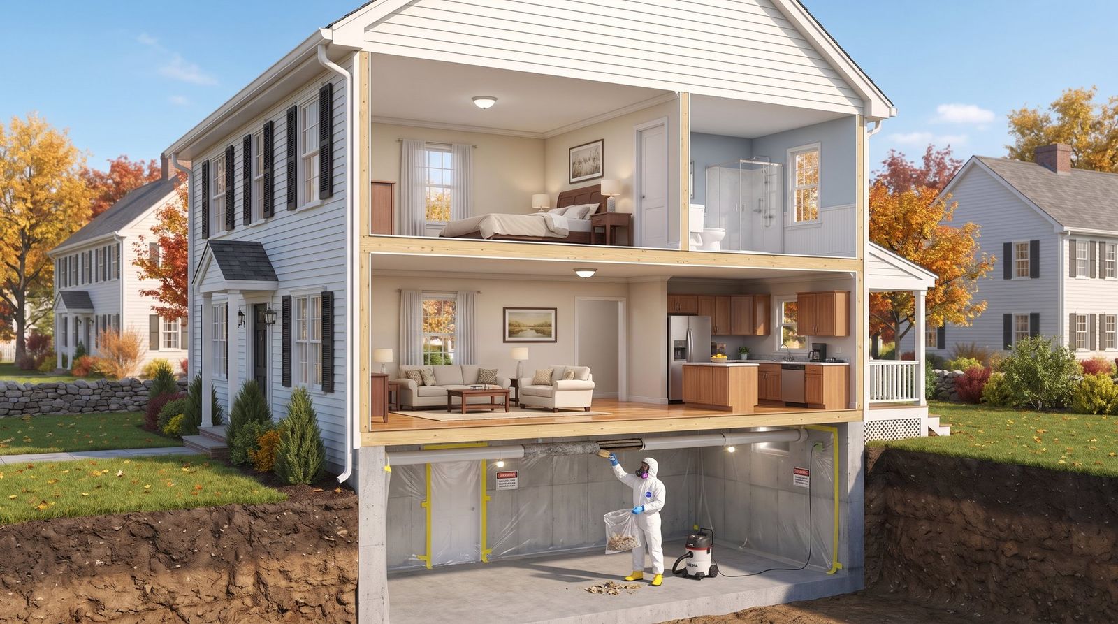 Cutaway cross-section illustration of a New England home — a technician in a Tyvek suit and respirator removing old asbestos pipe insulation from the basement into a sealed bag with a HEPA vacuum