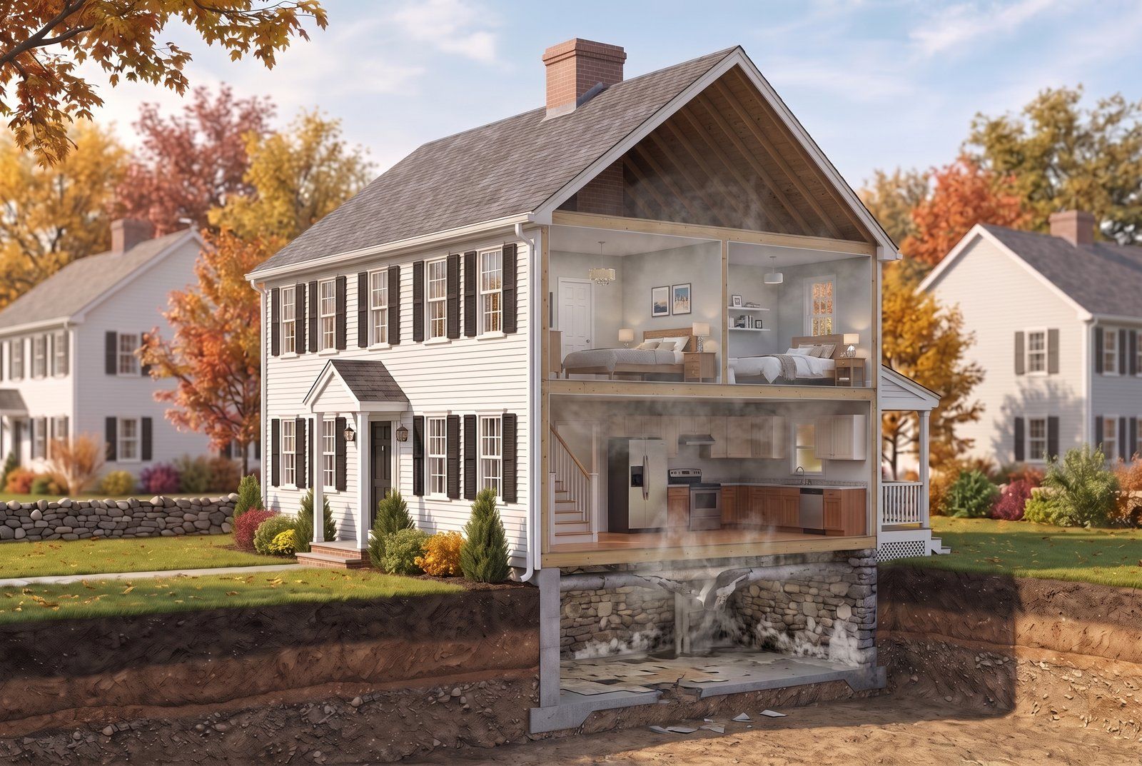 Cutaway illustration of a New England home showing how disturbed asbestos materials in the basement release airborne fibers that rise and spread through the living spaces.