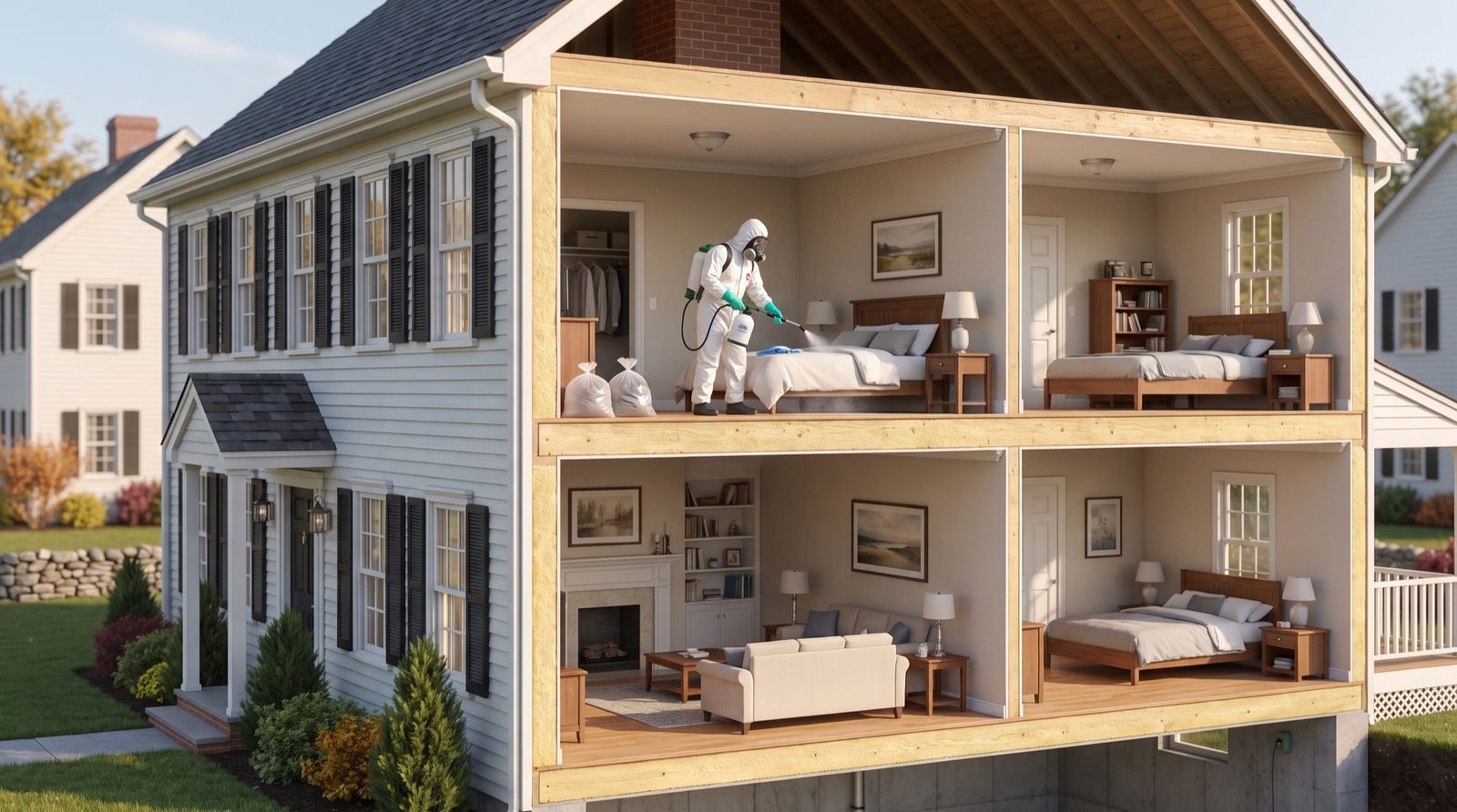 Cutaway cross-section illustration of a New England home — a technician in a hazmat suit disinfecting and decontaminating a bedroom, the rest of the home clean