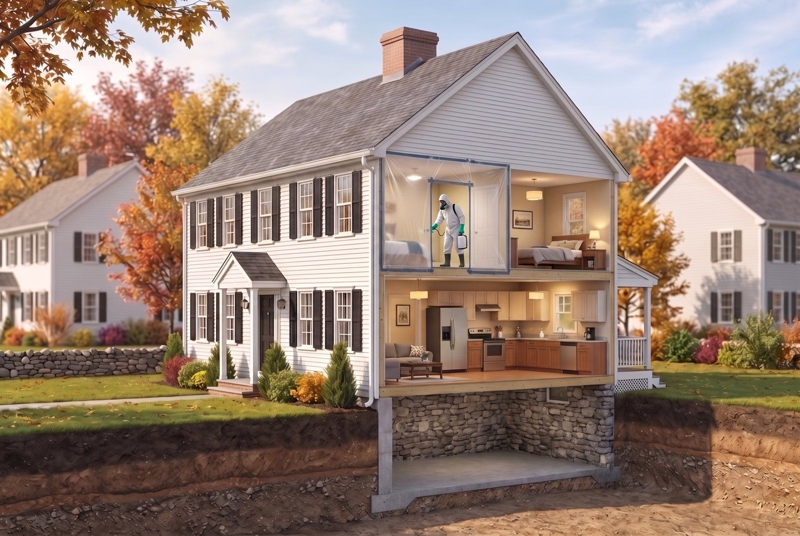 Cutaway illustration of a New England home with one room sealed under plastic containment while a technician in a hazmat suit decontaminates inside, keeping the rest of the home protected.