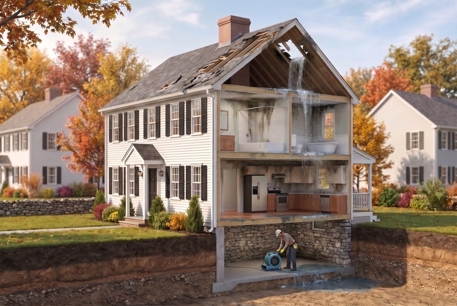 Cutaway illustration of a New England home with a storm breach in the roof letting water pour down through the floors, pooling below, while a technician begins rapid mitigation.