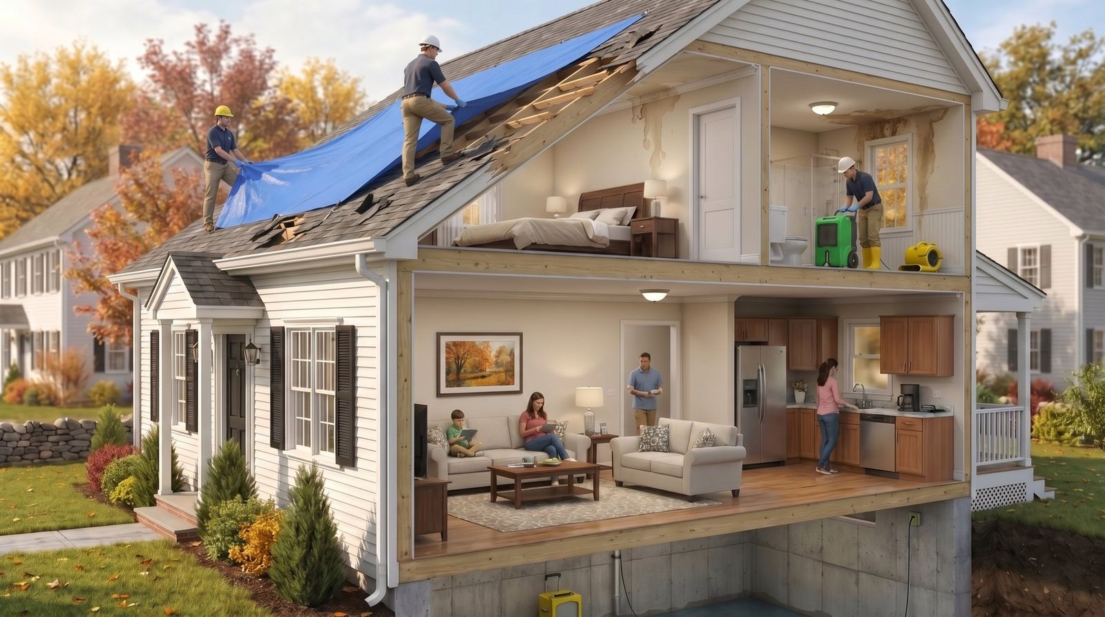 Cutaway cross-section illustration of a New England home — a crew tarping a cleared storm breach in the roof and drying the water-stained ceiling below with a dehumidifier and air mover, rapid emergency mitigation