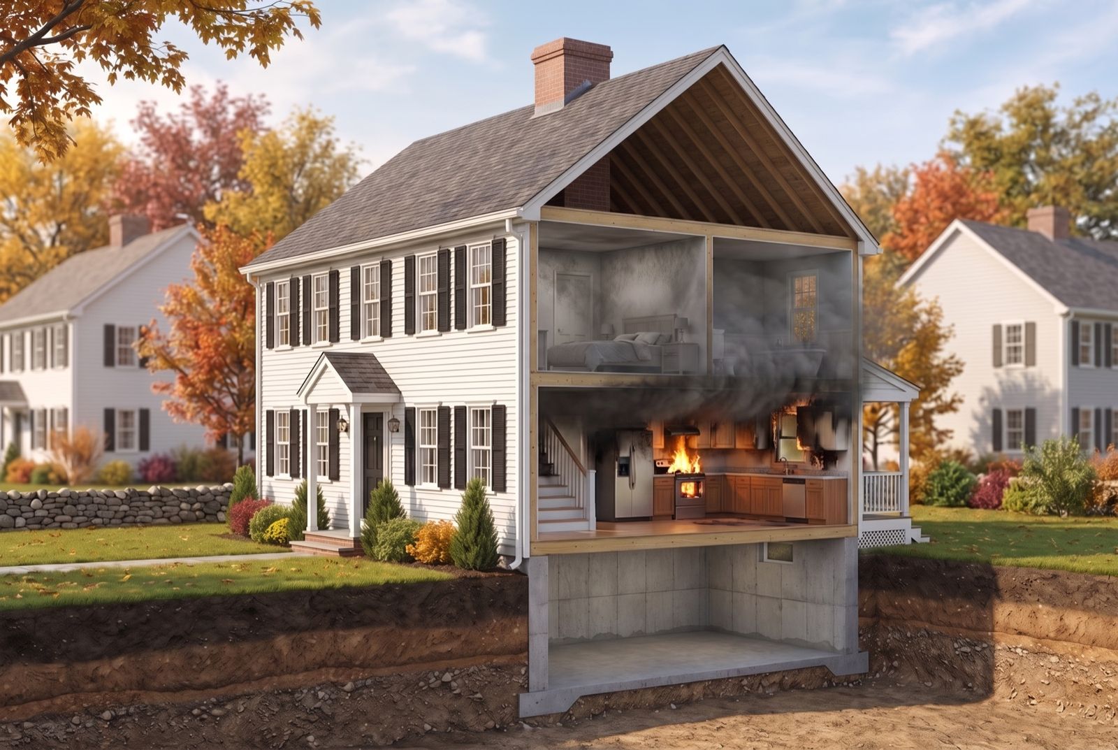 Cutaway illustration of a New England colonial home showing how a contained kitchen fire sends smoke and soot up through the house into rooms the flames never reached.