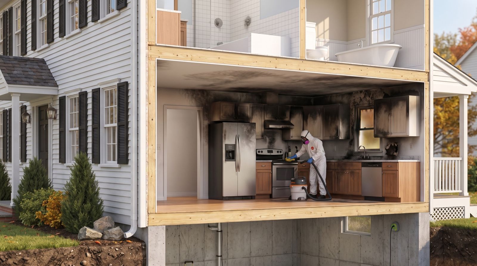 Cutaway cross-section illustration of a New England home — a technician cleaning soot and smoke damage from a fire-damaged kitchen with a HEPA vacuum, the rest of the home unburned