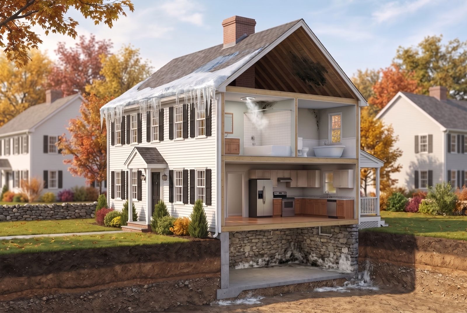 Cutaway illustration of a New England home showing how ice-dam meltwater reaches the attic.