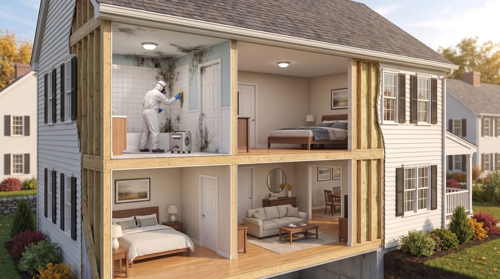Cutaway cross-section illustration of a New England home with the side wall removed — a technician remediating mold on the bathroom shower wall with a HEPA air scrubber, while the home’s other rooms remain clean