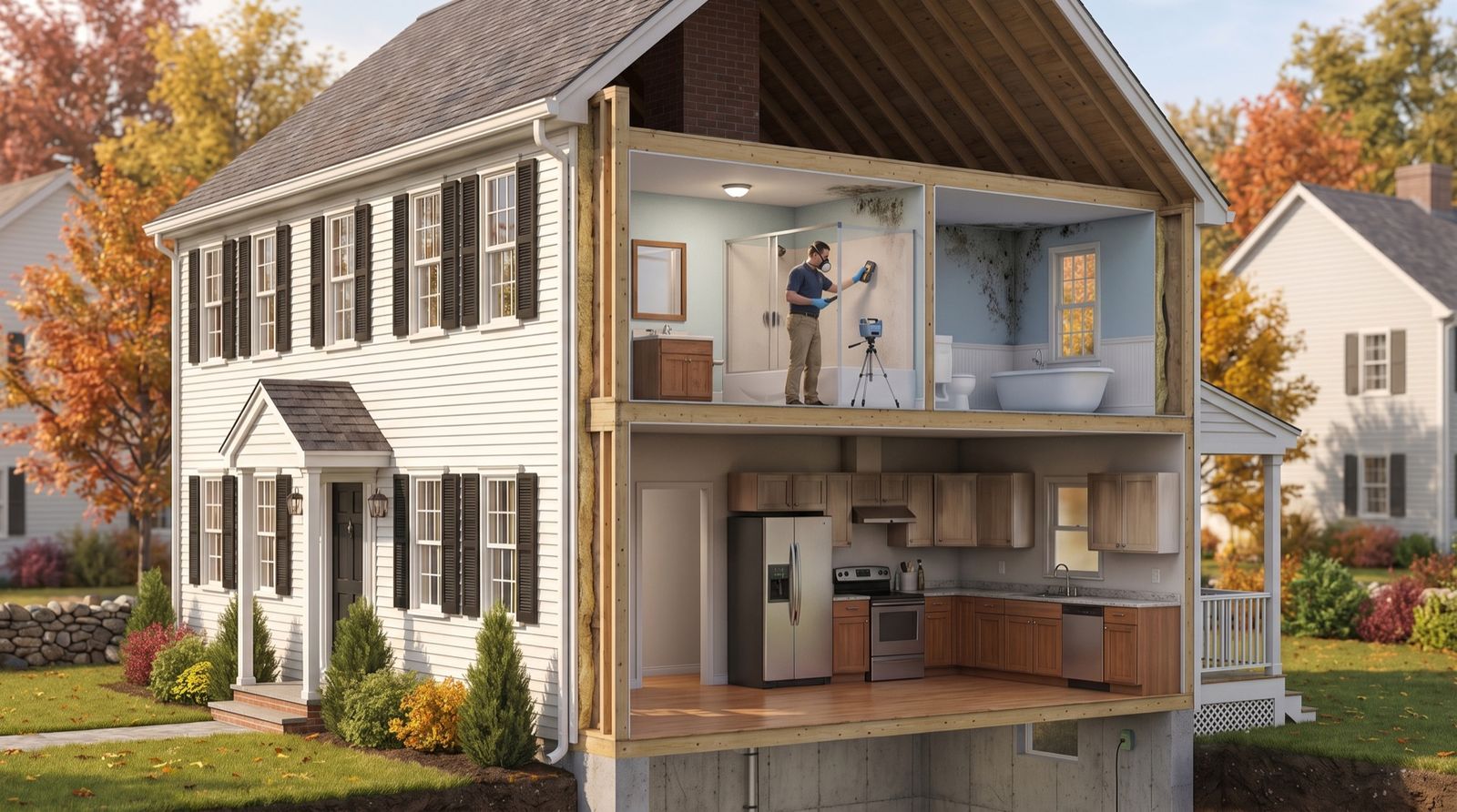 Cutaway cross-section illustration of a New England home — an inspector taking an air sample and moisture reading in a bathroom with early mold, assessing before any remediation