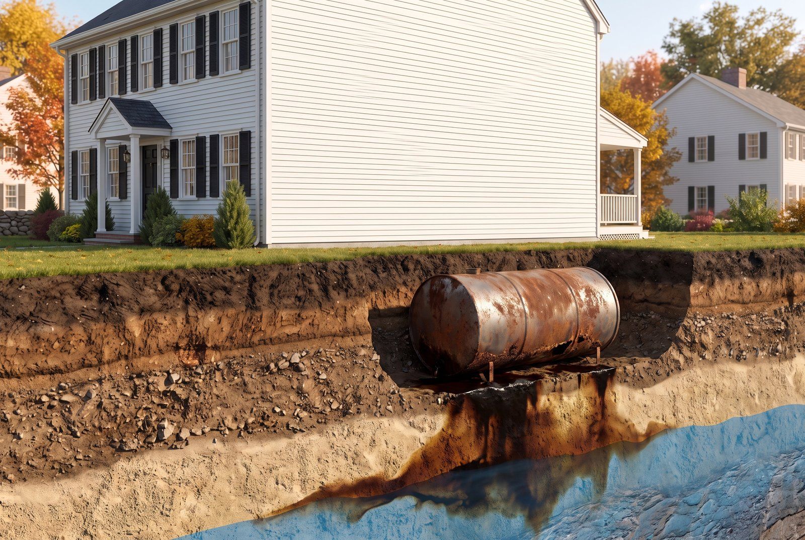 Cutaway illustration of a buried heating-oil tank beside a New England home, corroded and leaking oil down through the soil toward the groundwater and foundation.