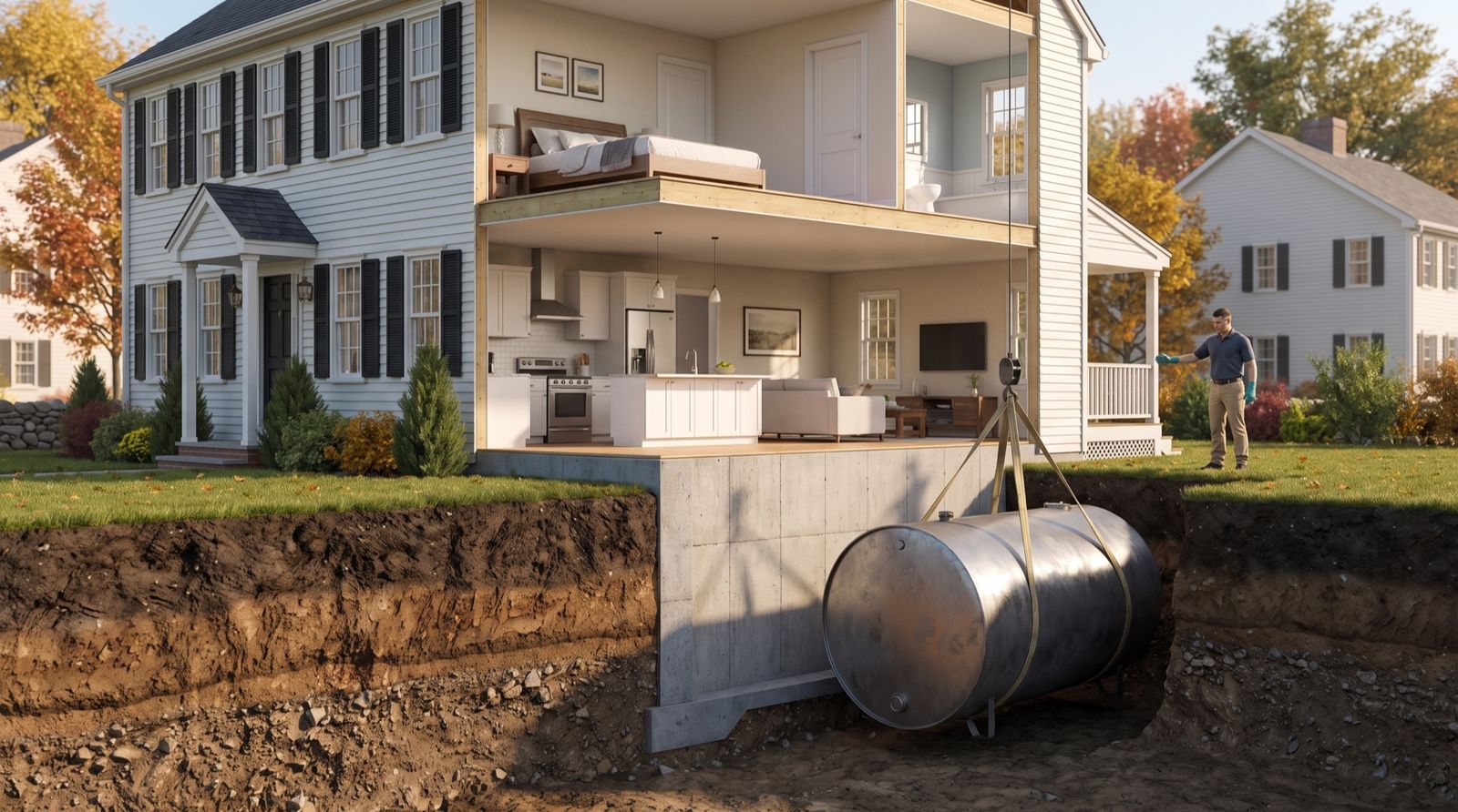 Cutaway cross-section illustration of a New England home with the yard soil cut away — a buried steel heating-oil tank being hoisted out of the excavation beside the foundation as a technician directs
