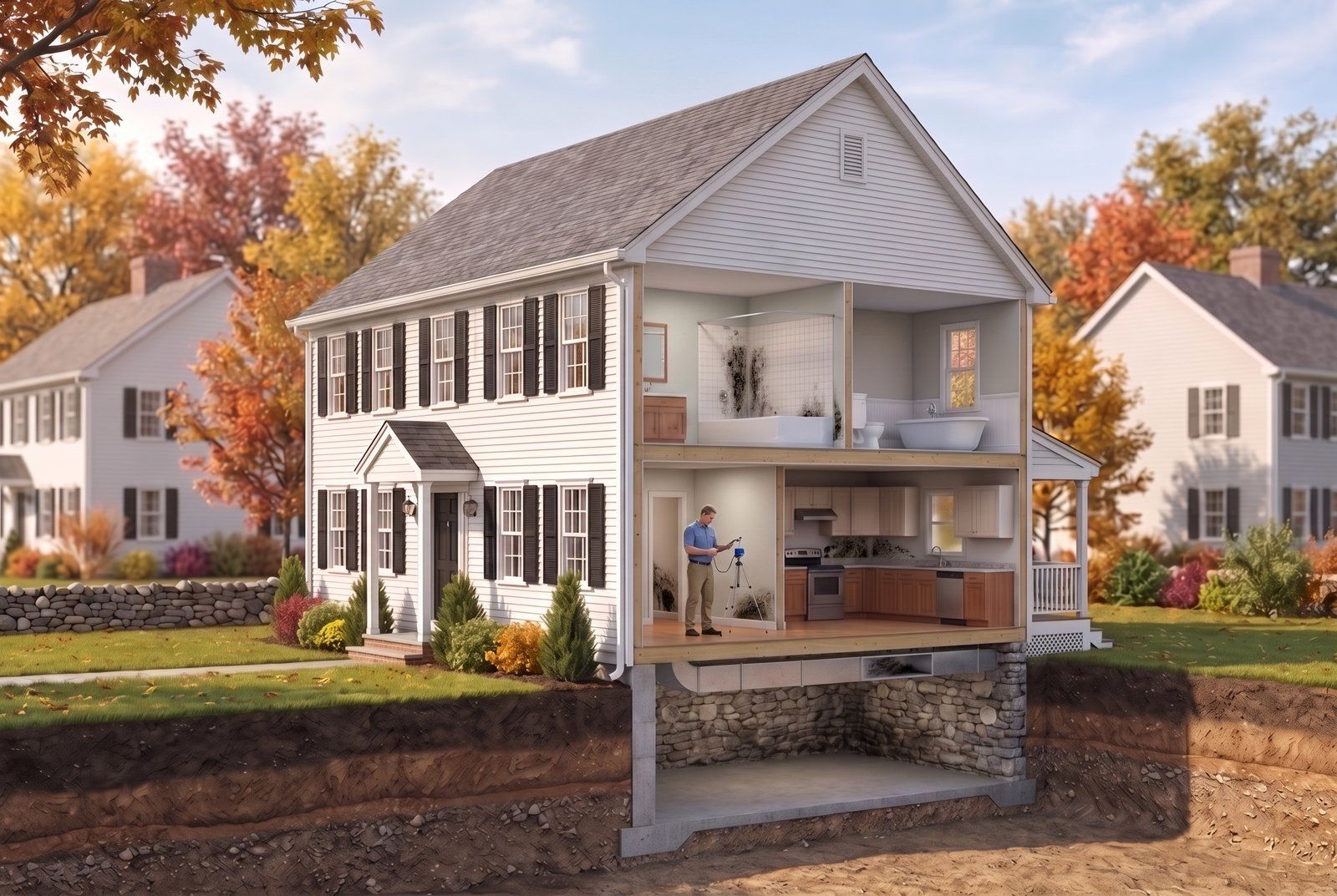 Cutaway illustration of a New England home with hidden mold inside wall cavities, behind tile, and in ducts, while an inspector takes an air sample in the hallway.