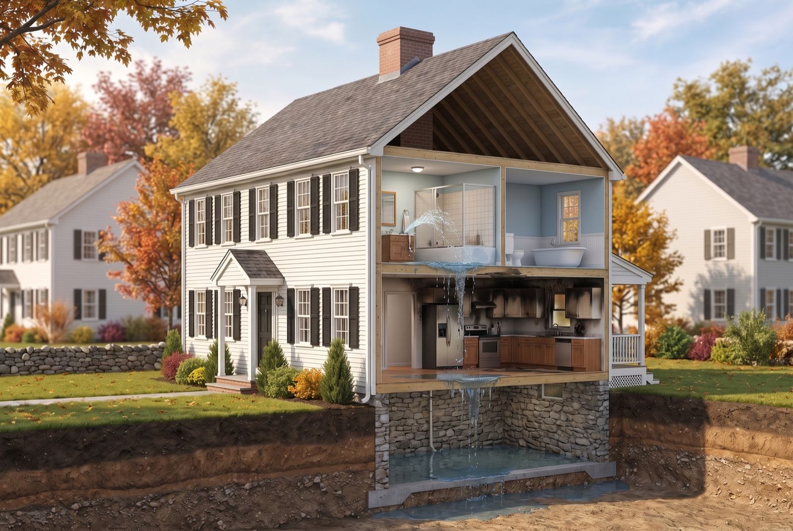 Cutaway illustration of a New England colonial home showing how a burst pipe upstairs sends water down through the ceilings and walls to pool in the basement.