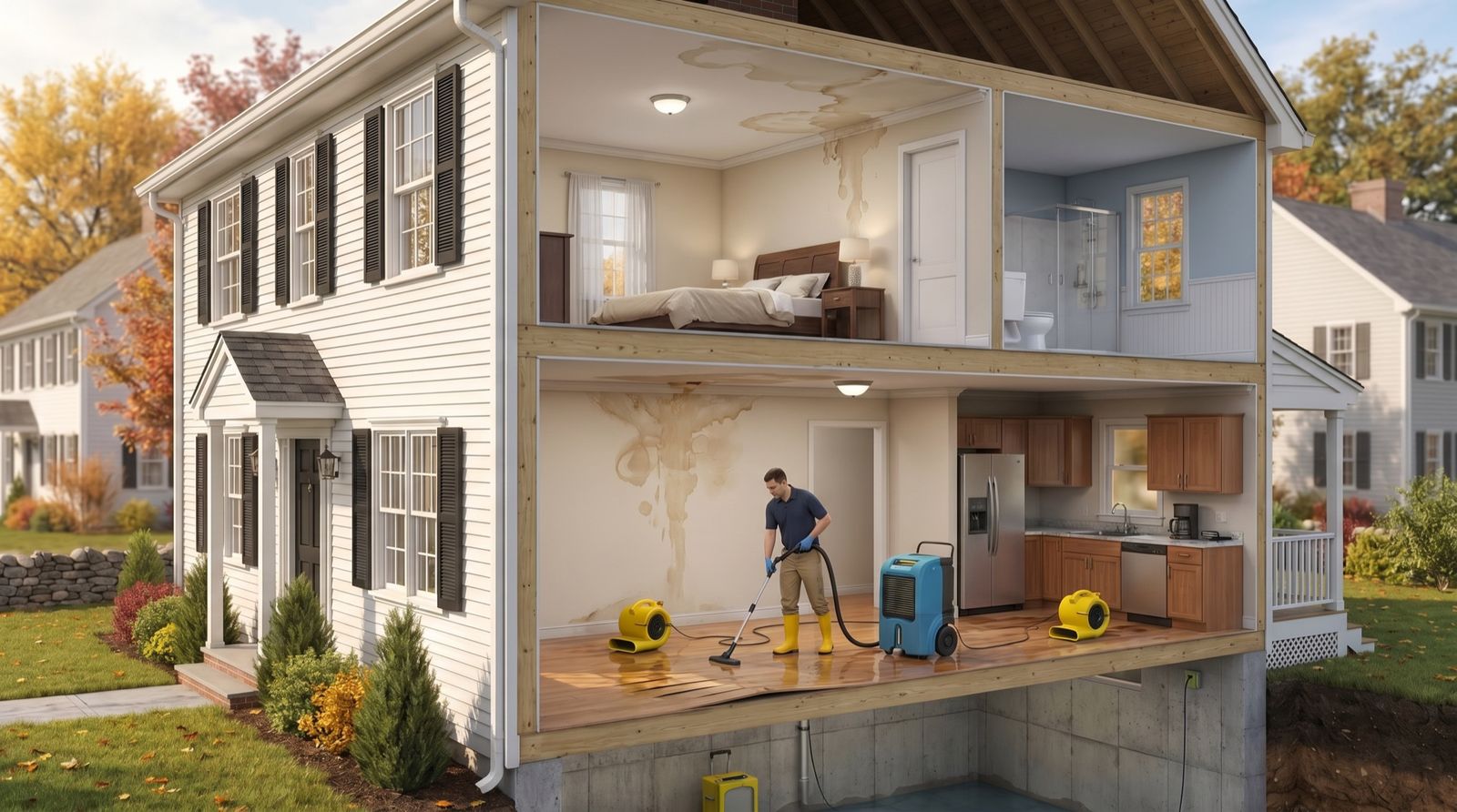 Cutaway cross-section illustration of a New England home — a technician drying out a water-damaged room with air movers and a dehumidifier after a burst pipe, other rooms dry and clean